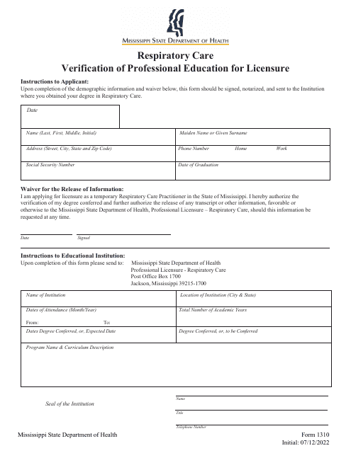 Form 1310 Respiratory Care Verification of Professional Education for Licensure - Mississippi