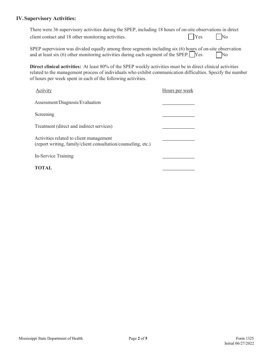 Form 1325 Supervised Professional Employment Plan (Spep) Report - Speech-Language Pathology / Audiology - Mississippi, Page 2