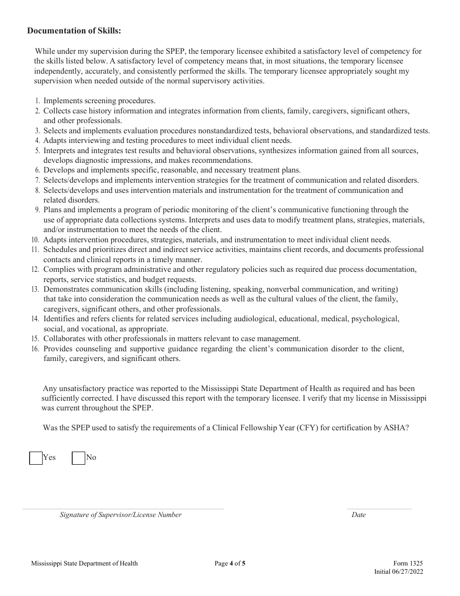 Form 1325 Supervised Professional Employment Plan (Spep) Report - Speech-Language Pathology / Audiology - Mississippi, Page 4