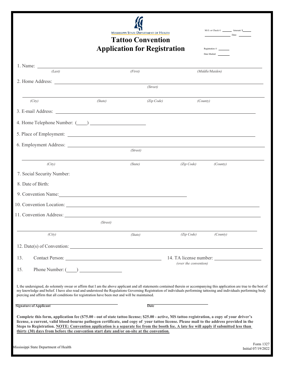 Form 1327 Tattoo Convention Application for Registration - Mississippi, Page 1