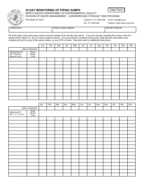 Form SFN62204 30 Day Monitoring of Piping Sumps - North Dakota