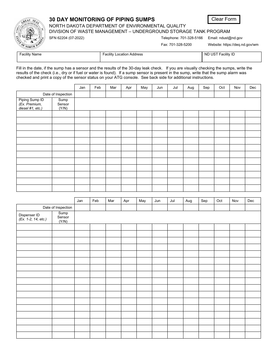 Form SFN62204 30 Day Monitoring of Piping Sumps - North Dakota, Page 1