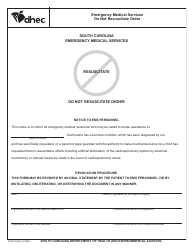Document preview: DHEC Form 3462 Do Not Resuscitate Order - South Carolina