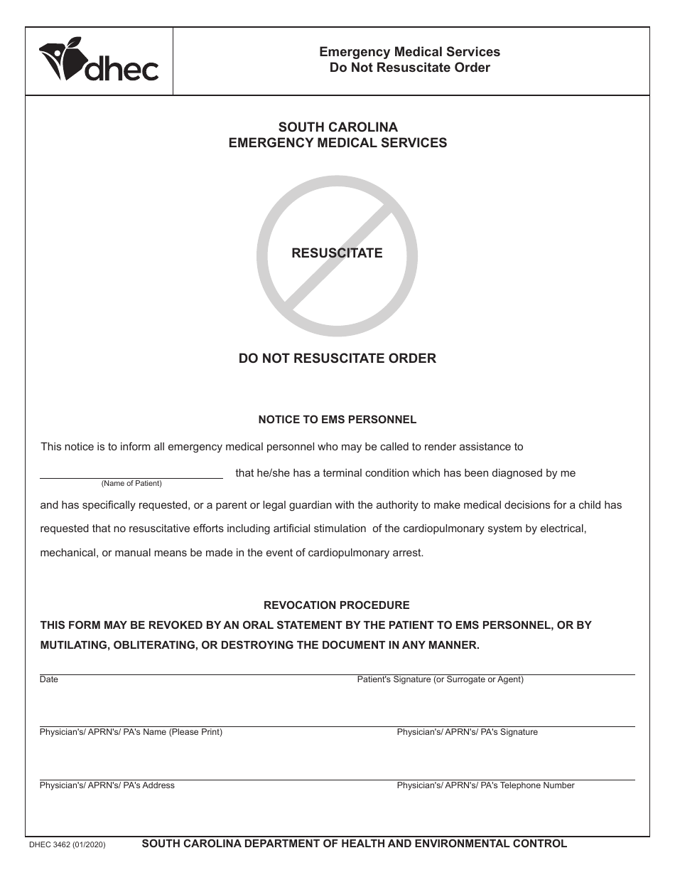 DHEC Form 3462 Do Not Resuscitate Order - South Carolina, Page 1
