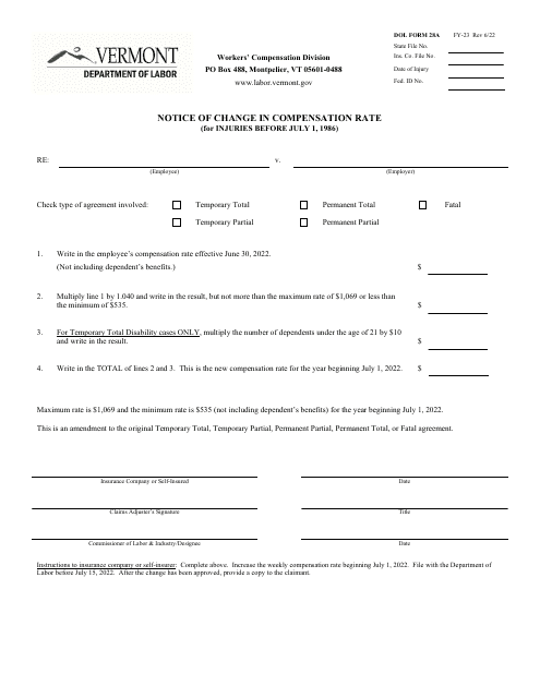 DOL Form 28A Notice of Change in Compensation Rate (For Injuries Before July 1, 1986) - Vermont, 2023