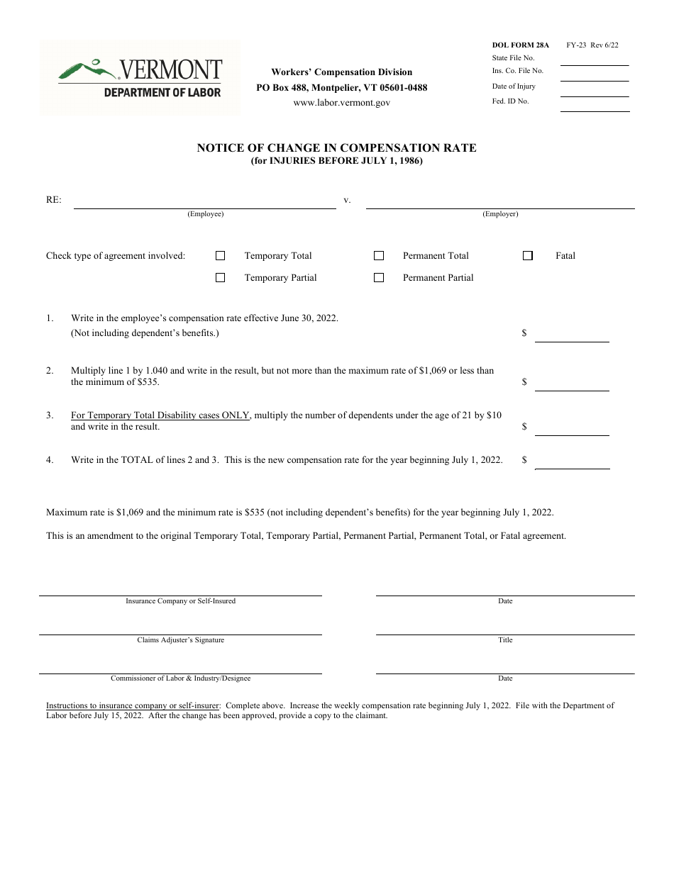 DOL Form 28A Notice of Change in Compensation Rate (For Injuries Before July 1, 1986) - Vermont, Page 1