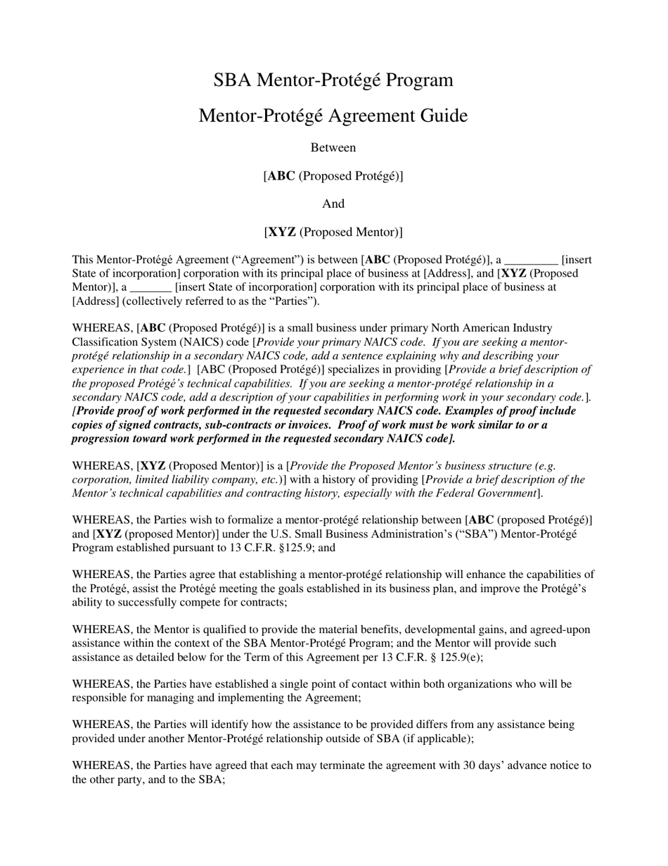 Agreement Template - SBA Mentor-Protege Program, Page 1