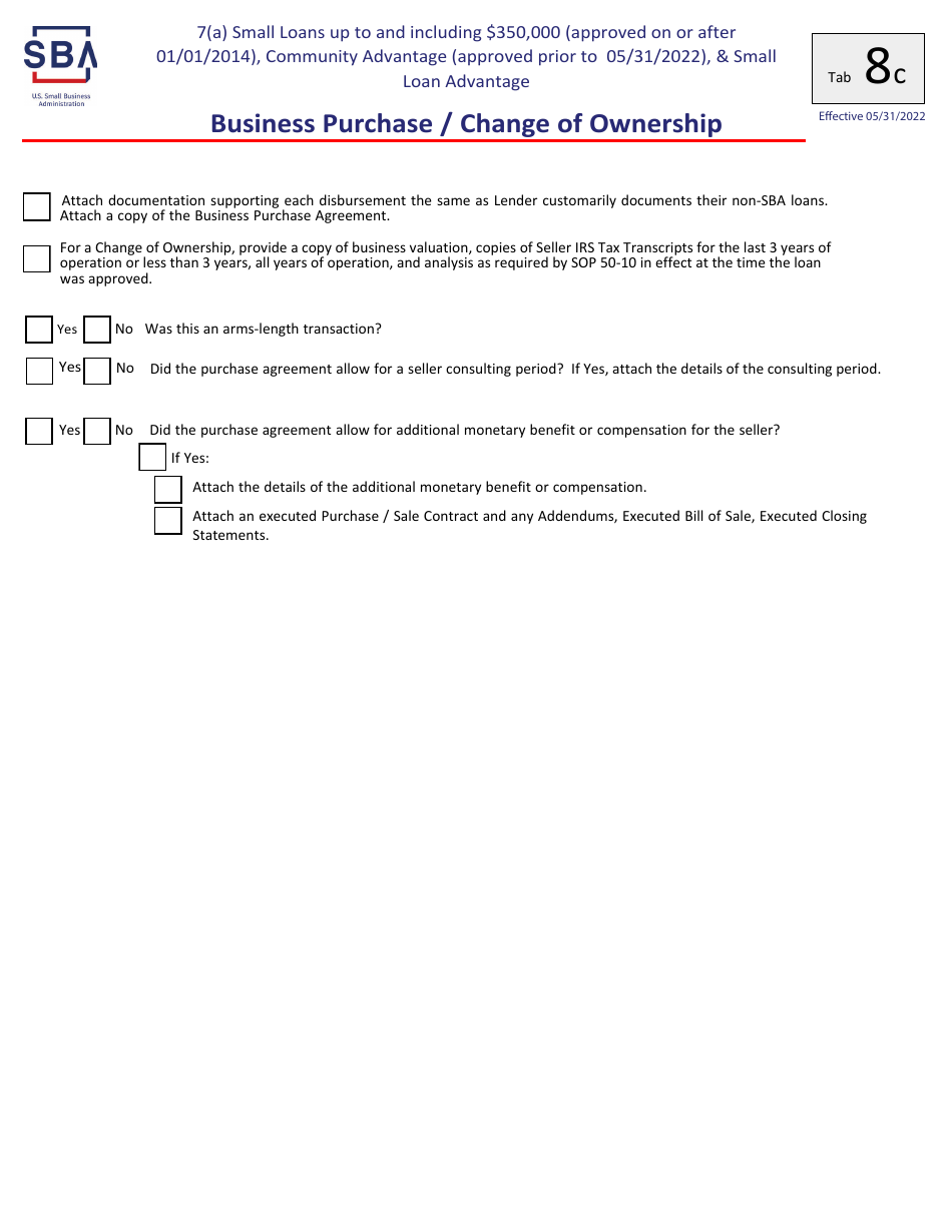 Guaranty Purchase Package Tabs - 7(A) Small Loans up to and Including $350,000 (Approved on or After 01 / 01 / 2014), Community Advantage (Approved Prior to 05 / 31 / 2022),  Small Loan Advantage, Page 19