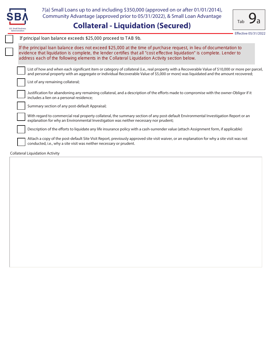 Guaranty Purchase Package Tabs - 7(A) Small Loans up to and Including $350,000 (Approved on or After 01 / 01 / 2014), Community Advantage (Approved Prior to 05 / 31 / 2022),  Small Loan Advantage, Page 20