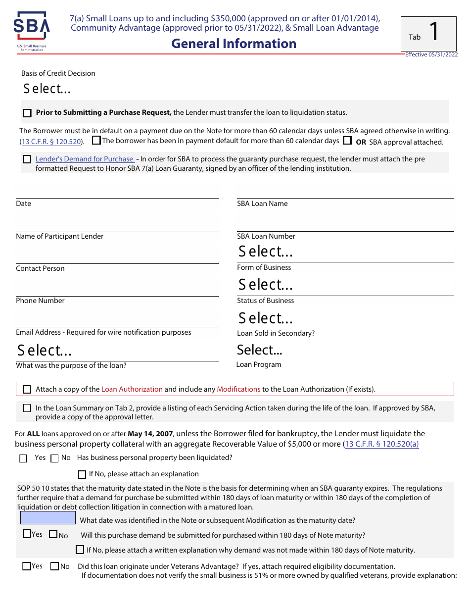 Guaranty Purchase Package Tabs - 7(A) Small Loans up to and Including $350,000 (Approved on or After 01 / 01 / 2014), Community Advantage (Approved Prior to 05 / 31 / 2022),  Small Loan Advantage, Page 2