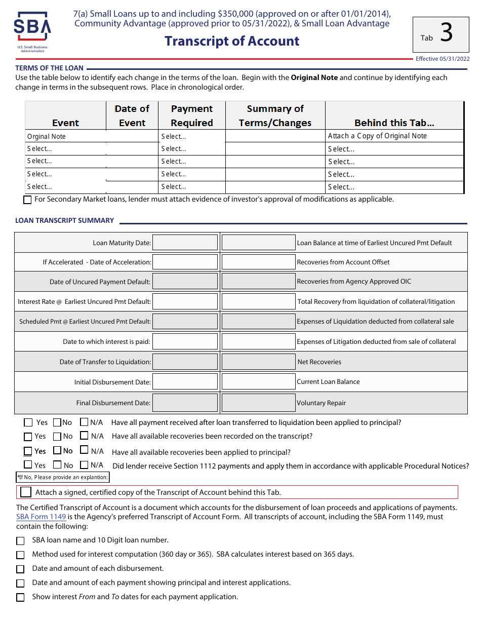 Guaranty Purchase Package Tabs - 7(A) Small Loans up to and Including $350,000 (Approved on or After 01 / 01 / 2014), Community Advantage (Approved Prior to 05 / 31 / 2022),  Small Loan Advantage, Page 5