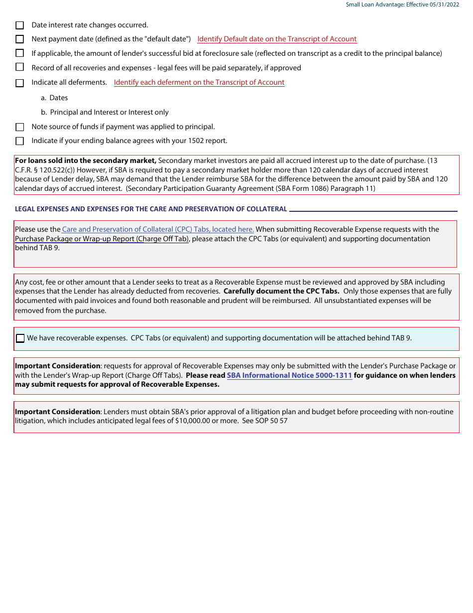 Guaranty Purchase Package Tabs - 7(A) Small Loans up to and Including $350,000 (Approved on or After 01 / 01 / 2014), Community Advantage (Approved Prior to 05 / 31 / 2022),  Small Loan Advantage, Page 6
