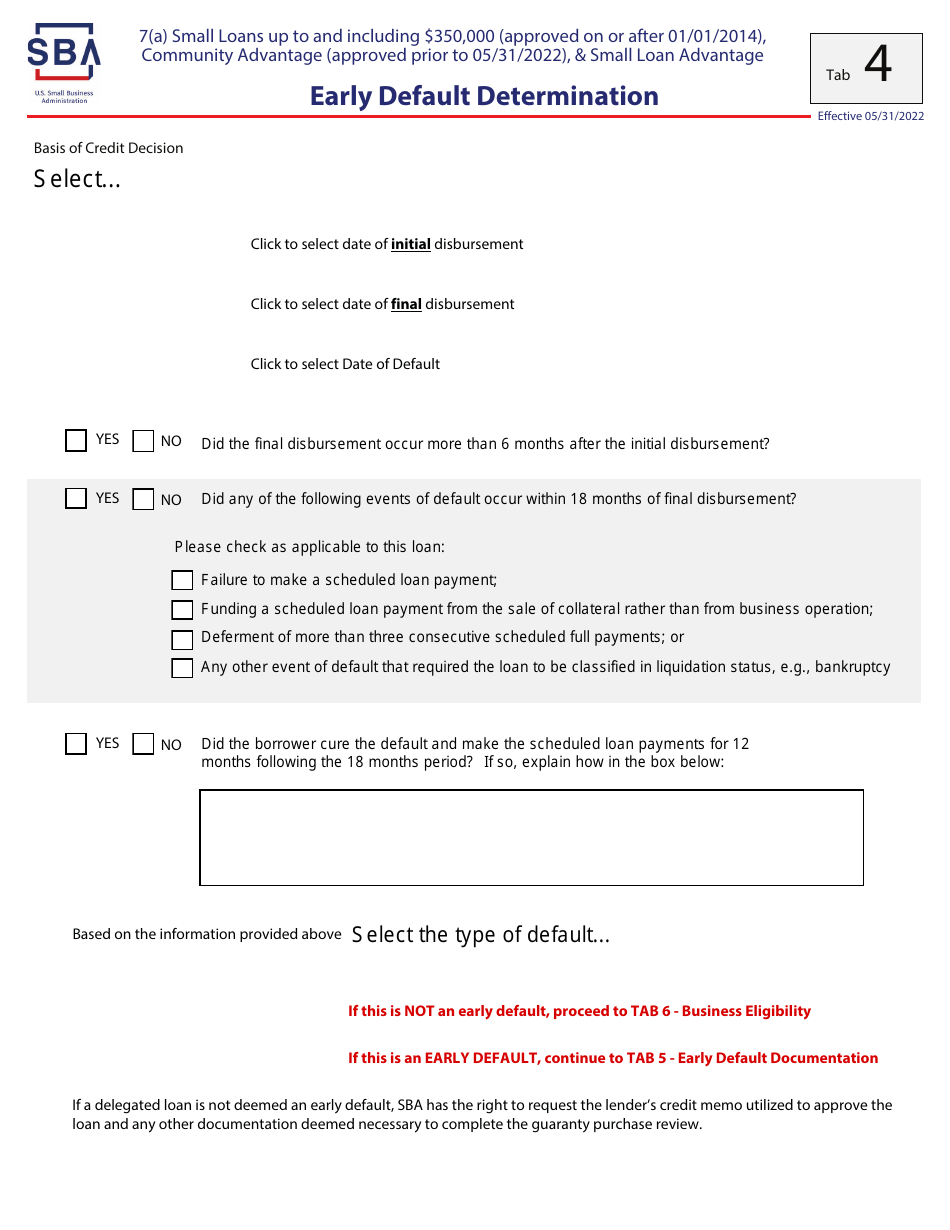 Guaranty Purchase Package Tabs - 7(A) Small Loans up to and Including $350,000 (Approved on or After 01 / 01 / 2014), Community Advantage (Approved Prior to 05 / 31 / 2022),  Small Loan Advantage, Page 7