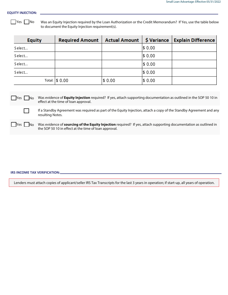 Guaranty Purchase Package Tabs - 7(A) Small Loans up to and Including $350,000 (Approved on or After 01 / 01 / 2014), Community Advantage (Approved Prior to 05 / 31 / 2022),  Small Loan Advantage, Page 9