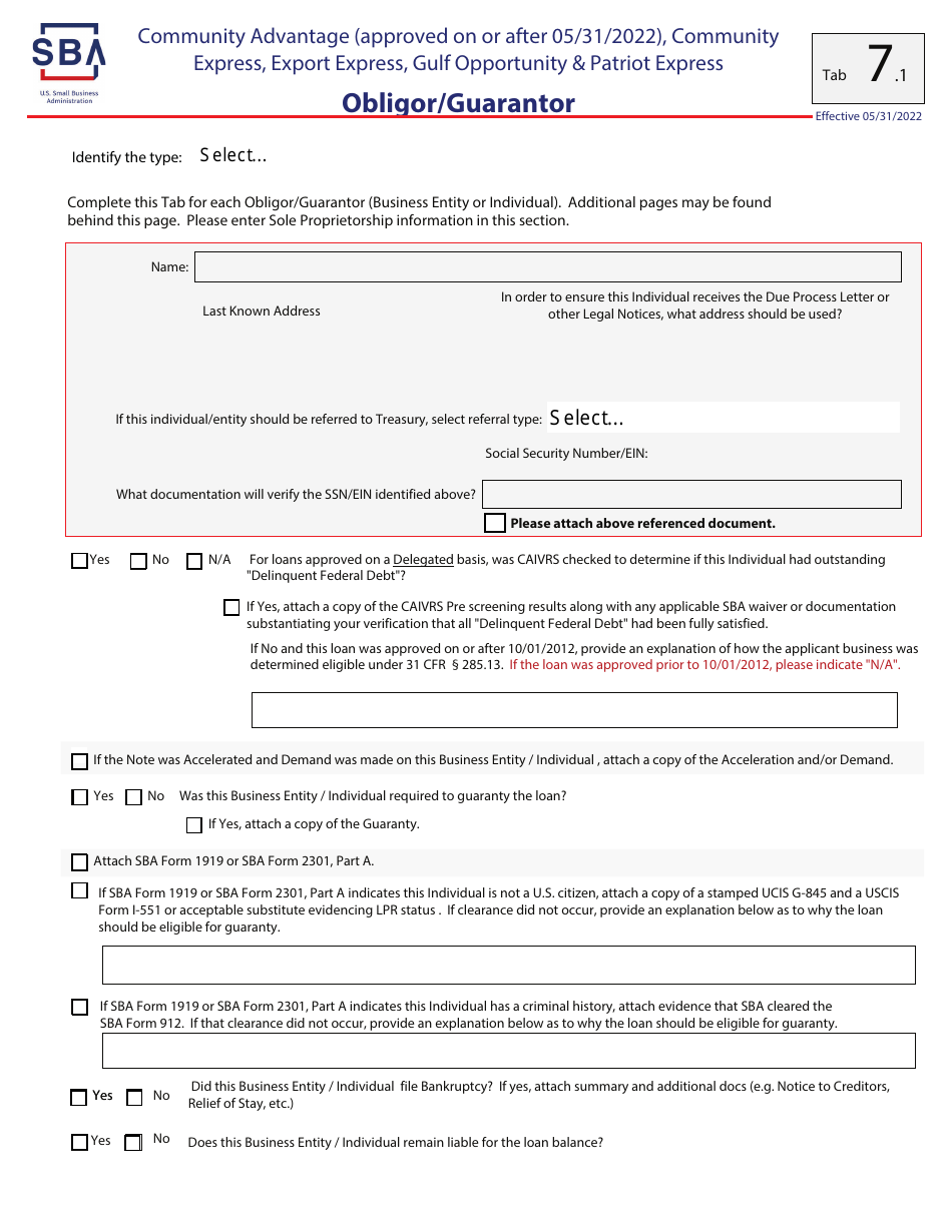 Guaranty Purchase Package Tabs - Community Advantage (Approved on or After 05 / 31 / 2022), Community Express, Express, Export Express, Gulf Opportunity,  Patriot Express, Page 10
