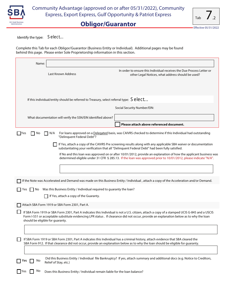 Guaranty Purchase Package Tabs - Community Advantage (Approved on or After 05 / 31 / 2022), Community Express, Express, Export Express, Gulf Opportunity,  Patriot Express, Page 11