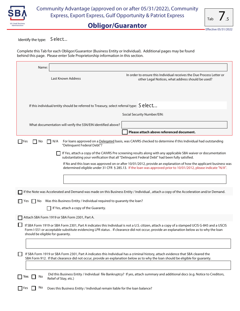 Guaranty Purchase Package Tabs - Community Advantage (Approved on or After 05 / 31 / 2022), Community Express, Express, Export Express, Gulf Opportunity,  Patriot Express, Page 14