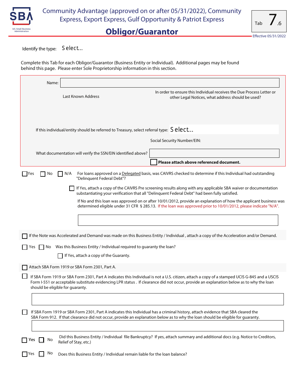 Guaranty Purchase Package Tabs - Community Advantage (Approved on or After 05 / 31 / 2022), Community Express, Express, Export Express, Gulf Opportunity,  Patriot Express, Page 15
