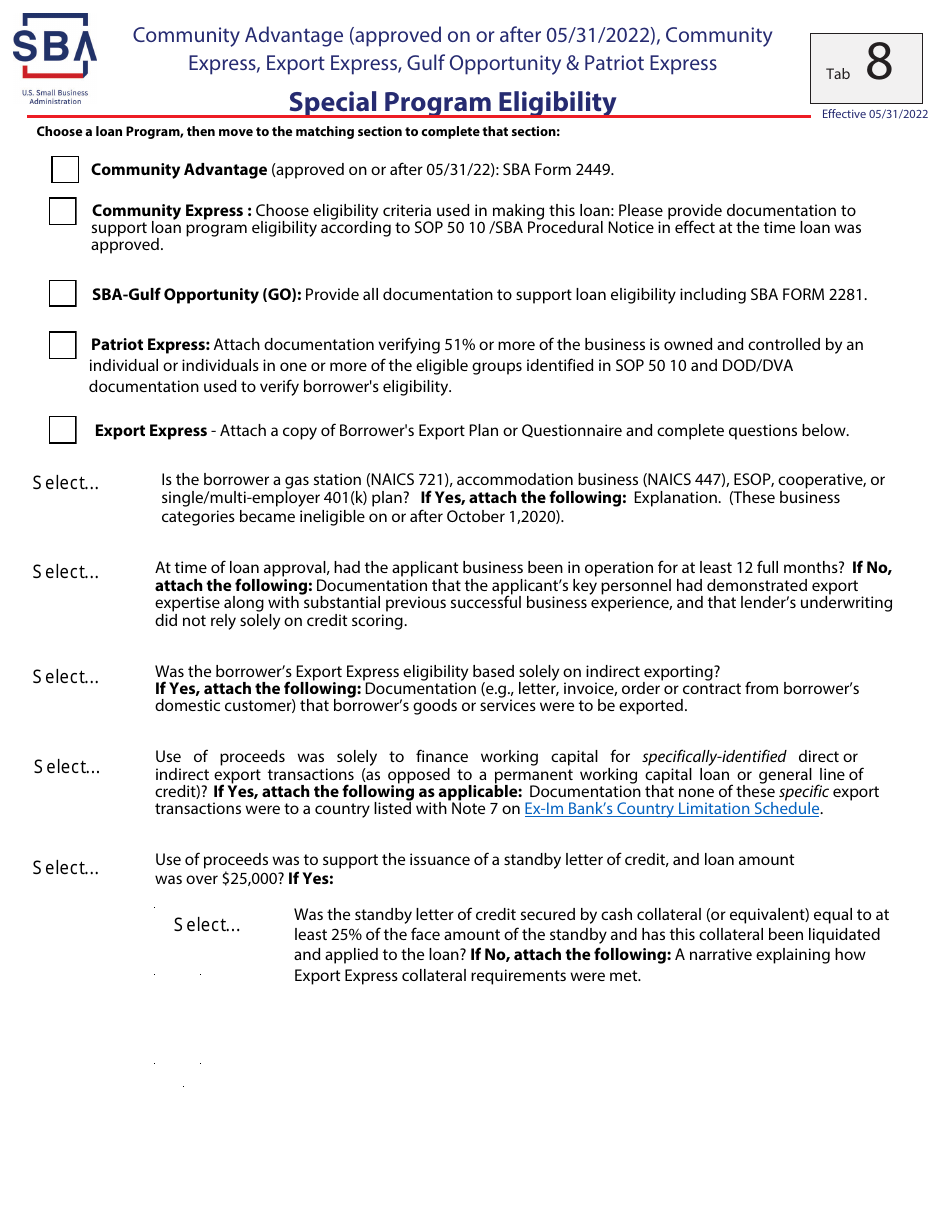 Guaranty Purchase Package Tabs - Community Advantage (Approved on or After 05 / 31 / 2022), Community Express, Express, Export Express, Gulf Opportunity,  Patriot Express, Page 16