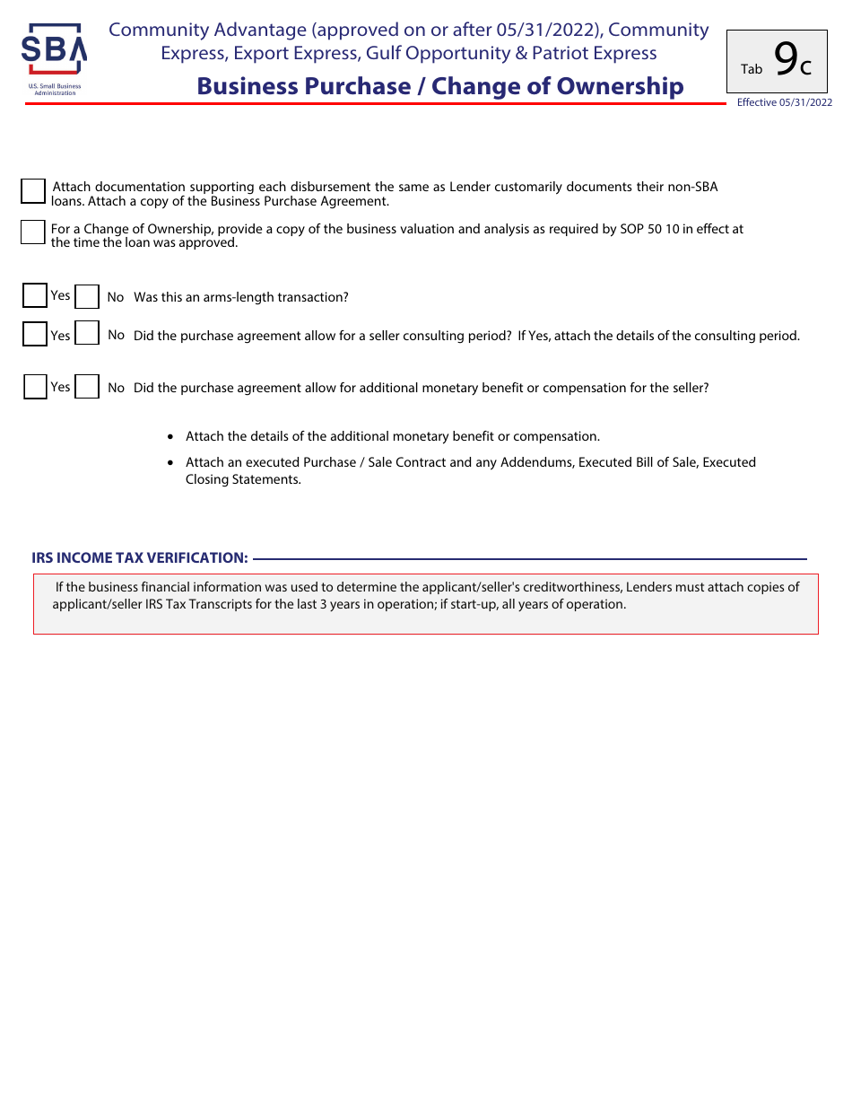 Guaranty Purchase Package Tabs - Community Advantage (Approved on or After 05 / 31 / 2022), Community Express, Express, Export Express, Gulf Opportunity,  Patriot Express, Page 19