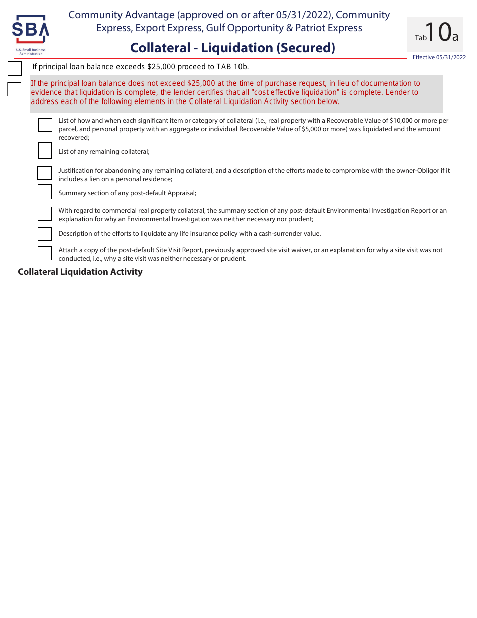 Guaranty Purchase Package Tabs - Community Advantage (Approved on or After 05 / 31 / 2022), Community Express, Express, Export Express, Gulf Opportunity,  Patriot Express, Page 20