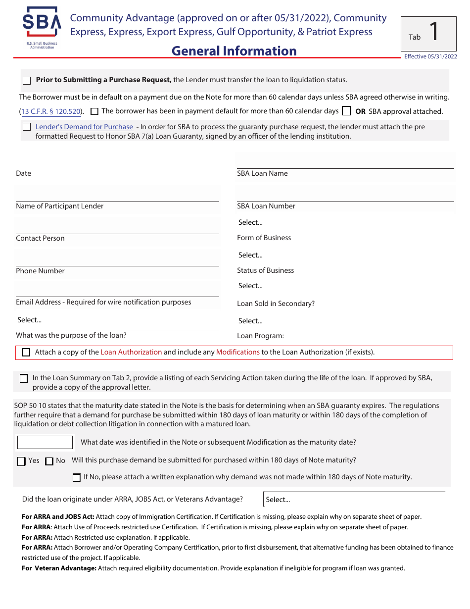 Guaranty Purchase Package Tabs - Community Advantage (Approved on or After 05 / 31 / 2022), Community Express, Express, Export Express, Gulf Opportunity,  Patriot Express, Page 2
