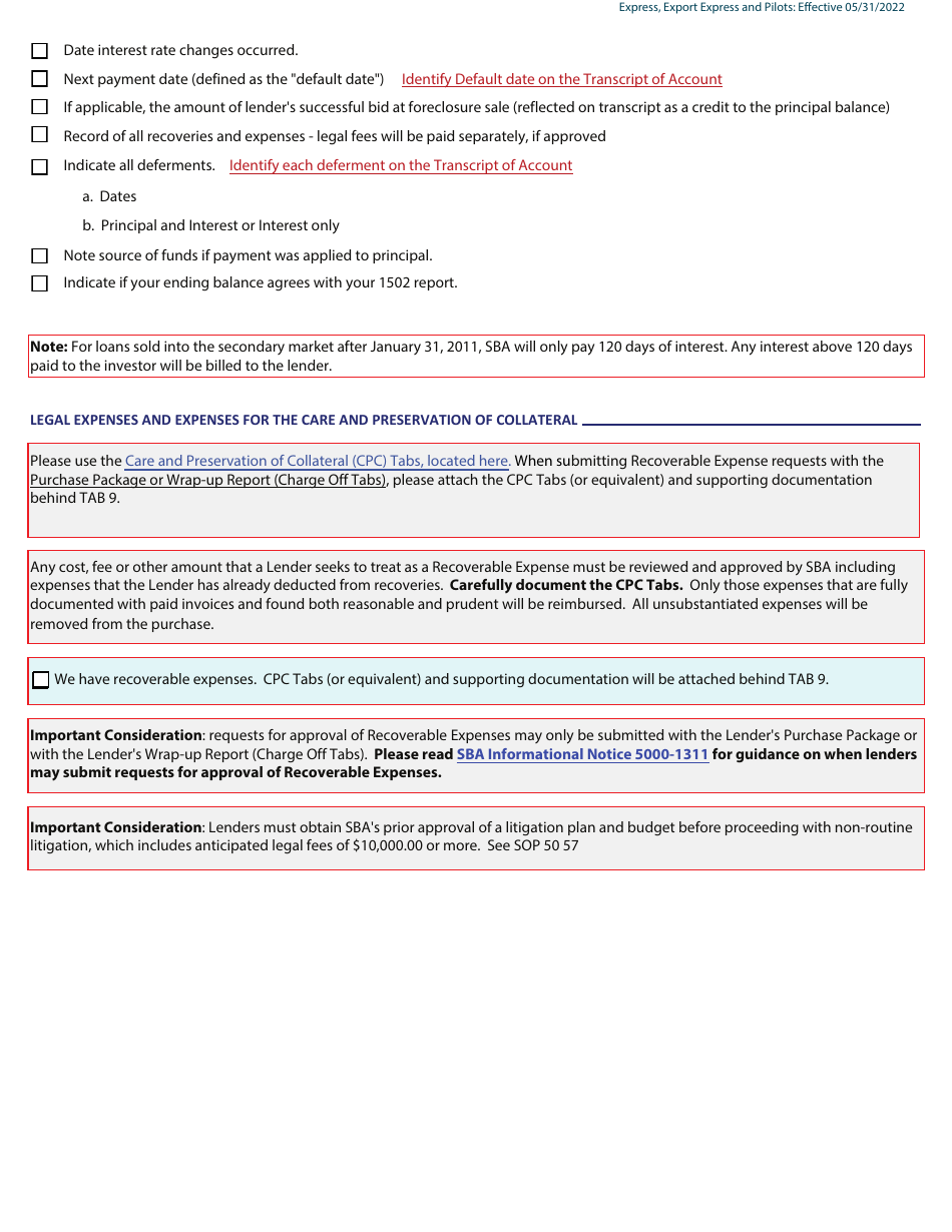 Guaranty Purchase Package Tabs - Community Advantage (Approved on or After 05 / 31 / 2022), Community Express, Express, Export Express, Gulf Opportunity,  Patriot Express, Page 6