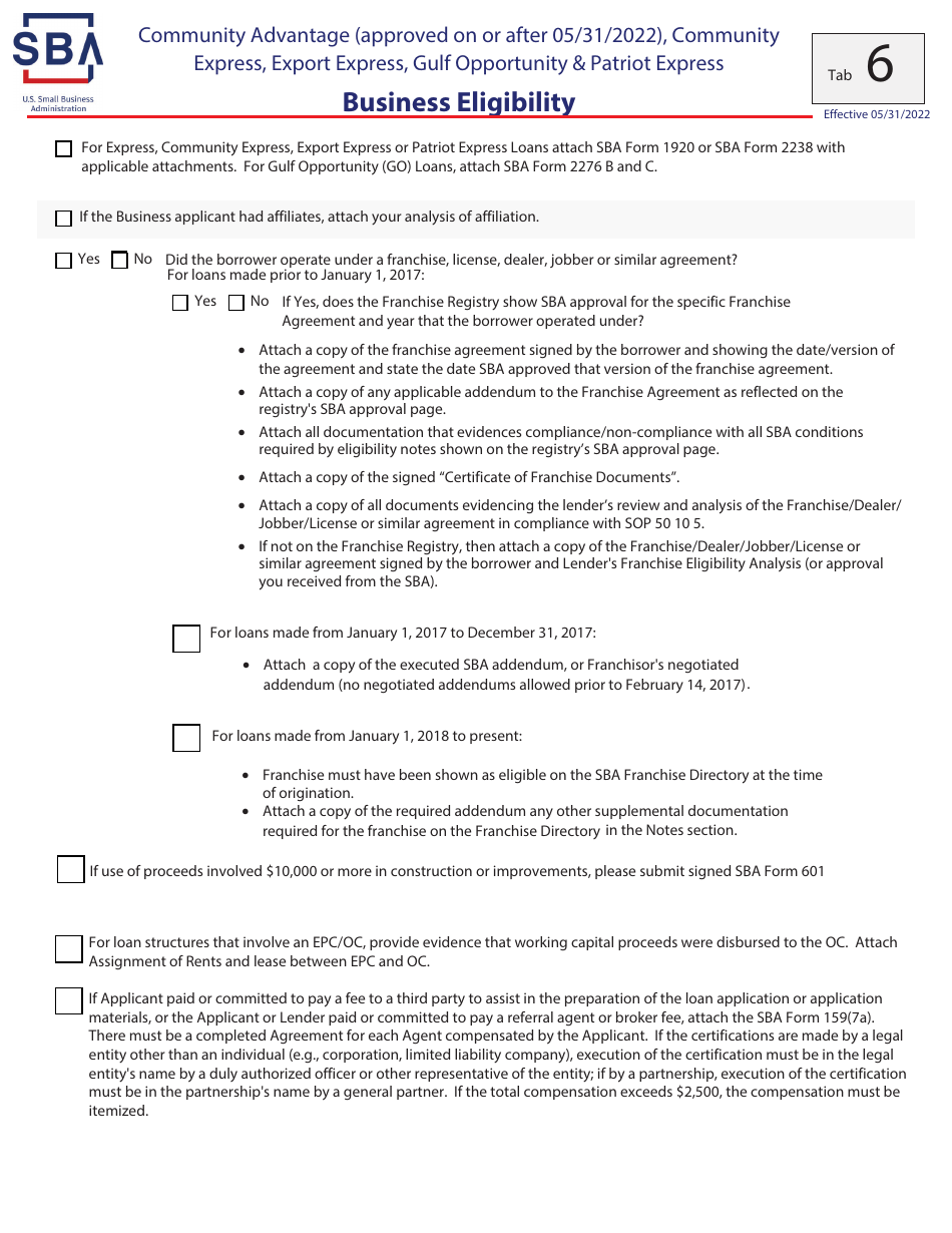 Guaranty Purchase Package Tabs - Community Advantage (Approved on or After 05 / 31 / 2022), Community Express, Express, Export Express, Gulf Opportunity,  Patriot Express, Page 9