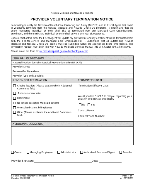 Form FA-34 Provider Voluntary Termination Notice - Nevada