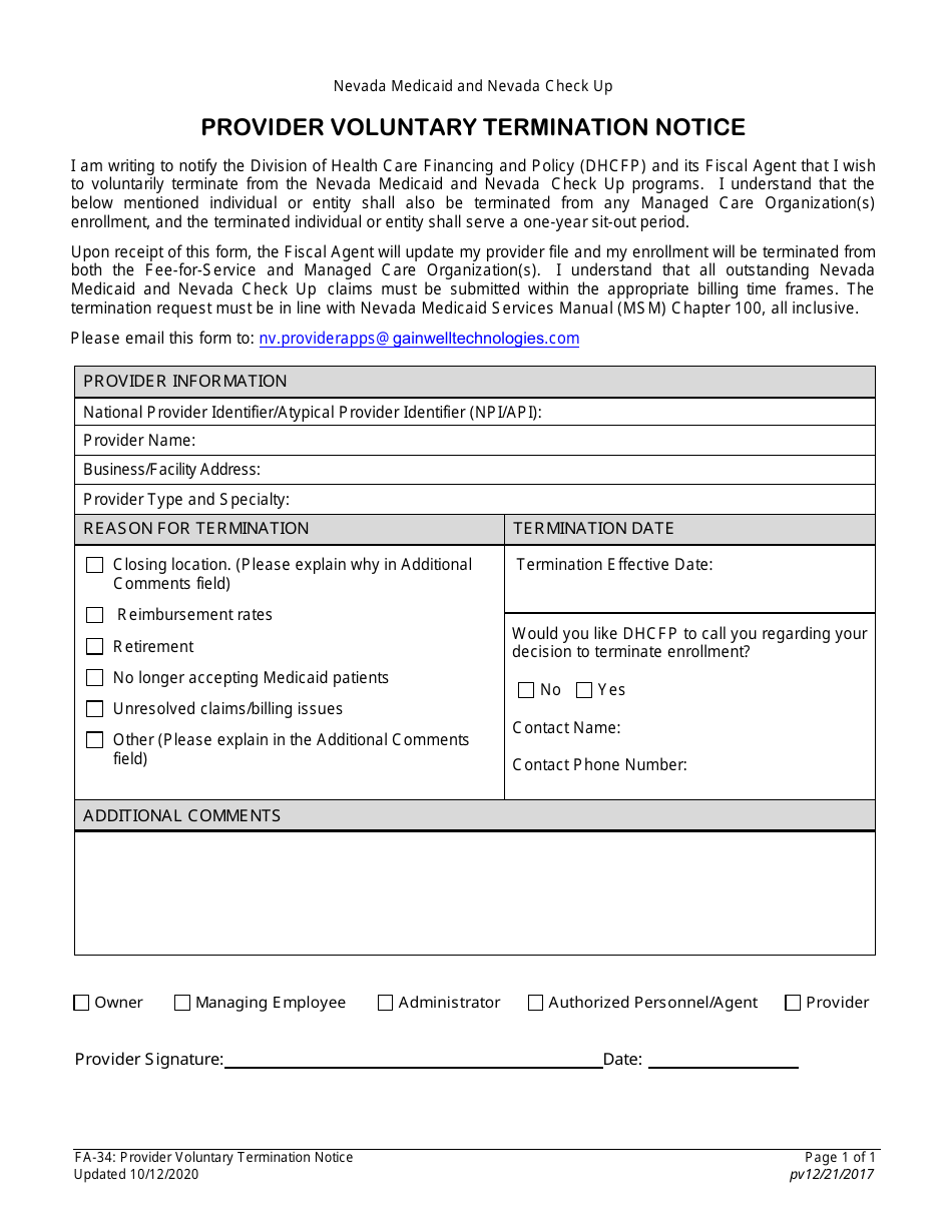 Form FA-34 Provider Voluntary Termination Notice - Nevada, Page 1
