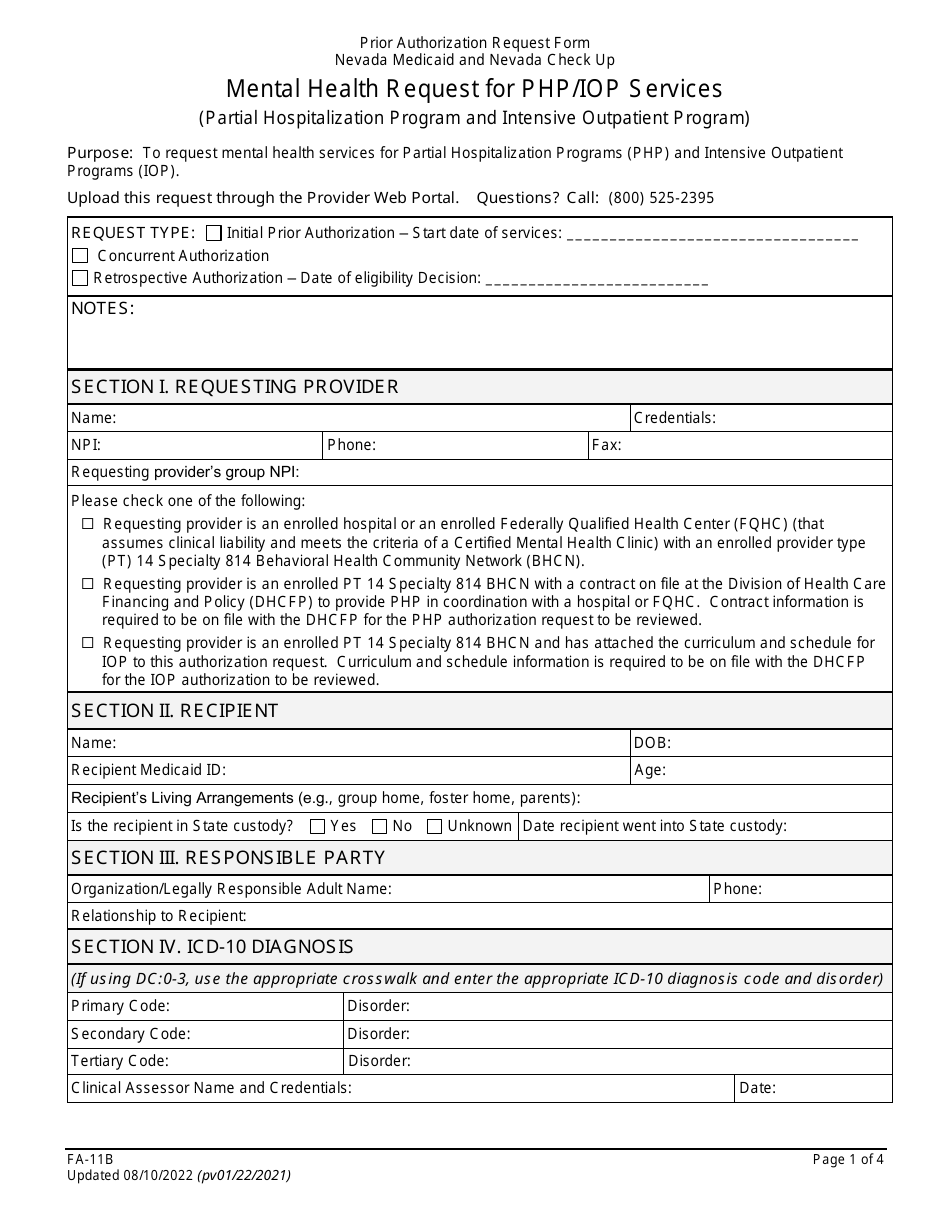 Form FA-11B Mental Health Request for Php / Iop Services (Partial Hospitalization Program and Intensive Outpatient Program) - Nevada, Page 1