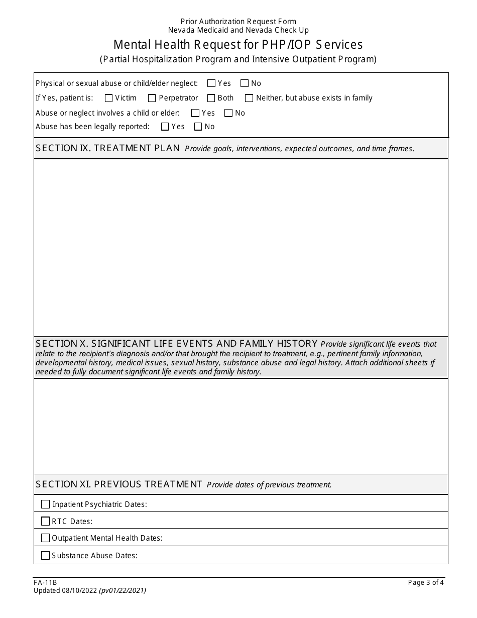 Form FA-11B Mental Health Request for Php / Iop Services (Partial Hospitalization Program and Intensive Outpatient Program) - Nevada, Page 3