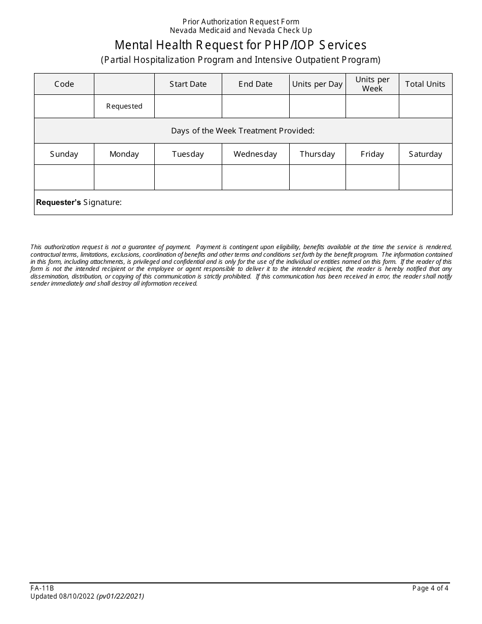 Form FA-11B Mental Health Request for Php / Iop Services (Partial Hospitalization Program and Intensive Outpatient Program) - Nevada, Page 4