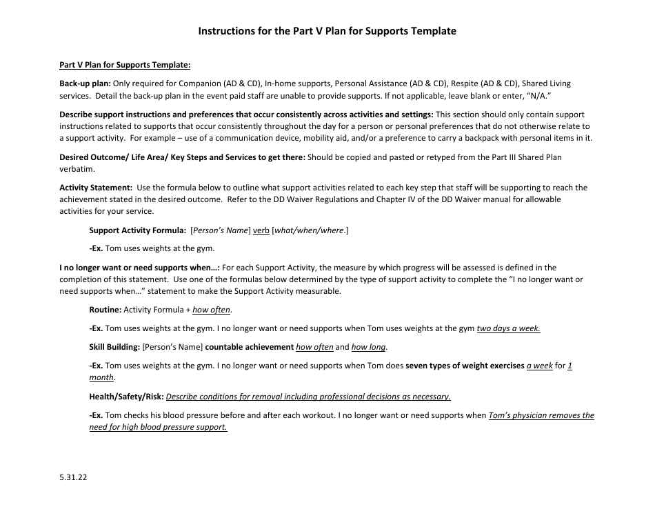 Instructions for Part V Plan for Supports - Virginia, Page 1