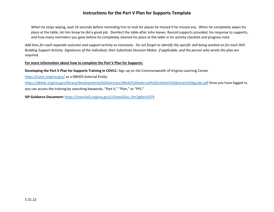 Instructions for Part V Plan for Supports - Virginia, Page 3