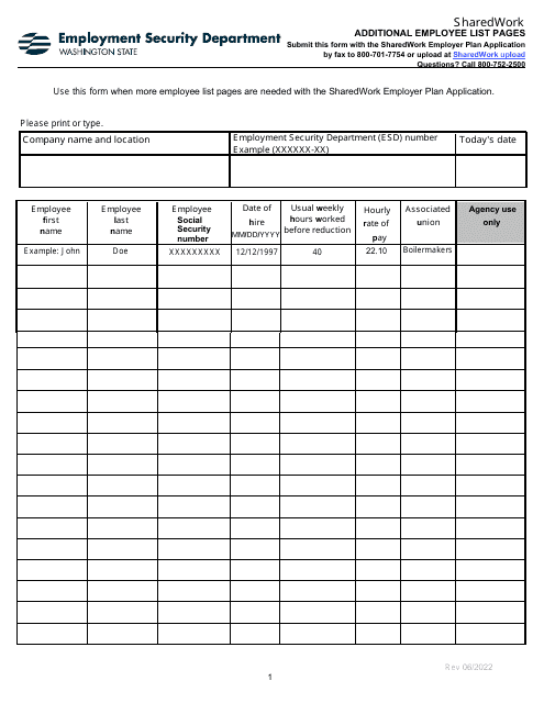 Additional Employee List Pages - Sharedwork - Washington Download Pdf