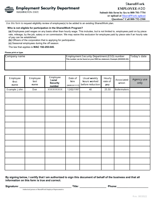 Employee-Add - Sharedwork - Washington Download Pdf