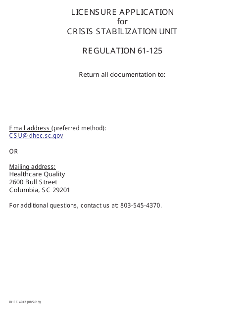 DHEC Form 4042 Licensure Application for Crisis Stabilization Unit - South Carolina