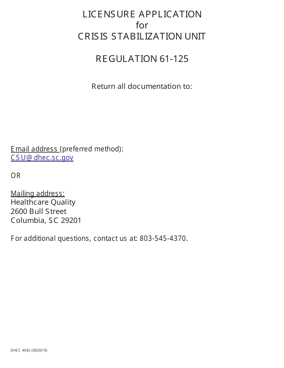 DHEC Form 4042 Licensure Application for Crisis Stabilization Unit - South Carolina, Page 1