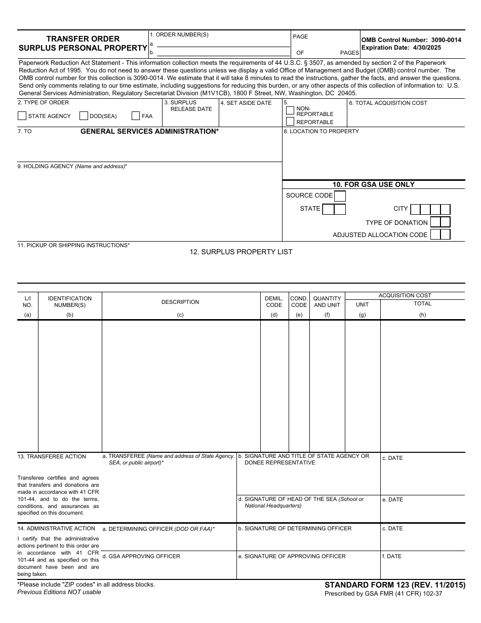 Form SF-123 Transfer Order Surplus Personal Property, Page 1