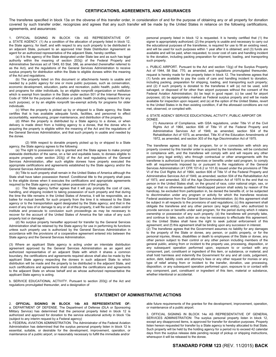 Form SF-123 Transfer Order Surplus Personal Property, Page 2
