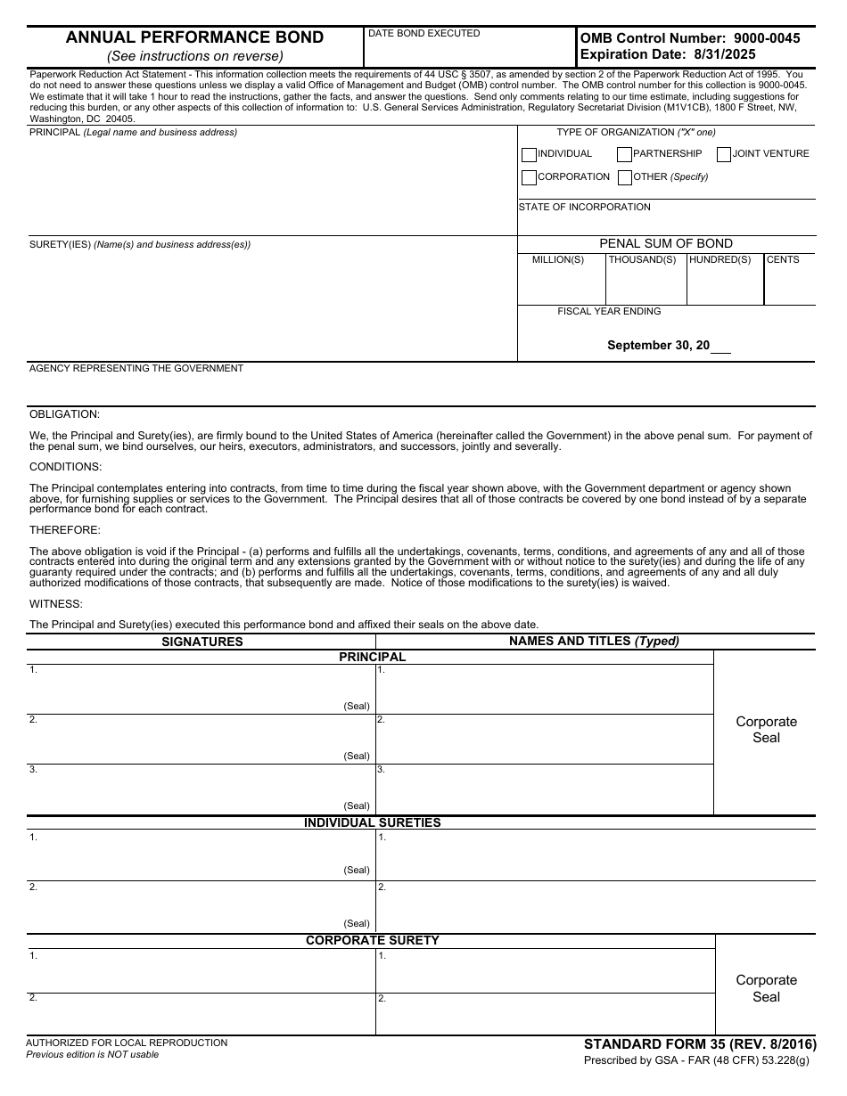 Form SF-35 Annual Performance Bond, Page 1