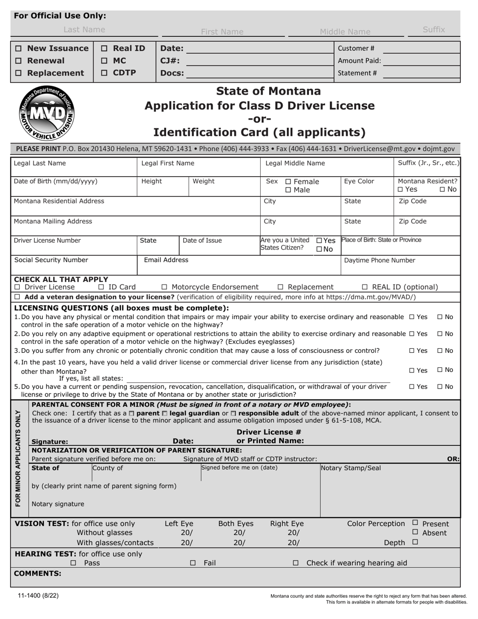 Form 11-1400 Application for Class D Driver License or Identification Card (All Applicants) - Montana, Page 1