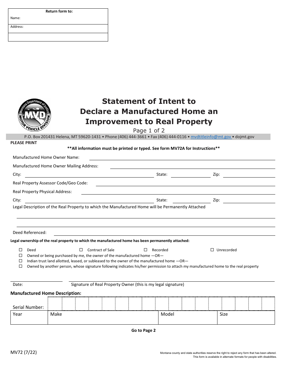 Form MV72 Statement of Intent to Declare a Manufactured Home an Improvement to Real Property - Montana, Page 1