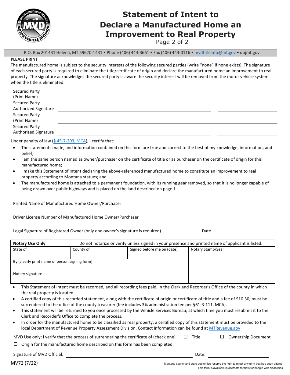 Form MV72 Statement of Intent to Declare a Manufactured Home an Improvement to Real Property - Montana, Page 2