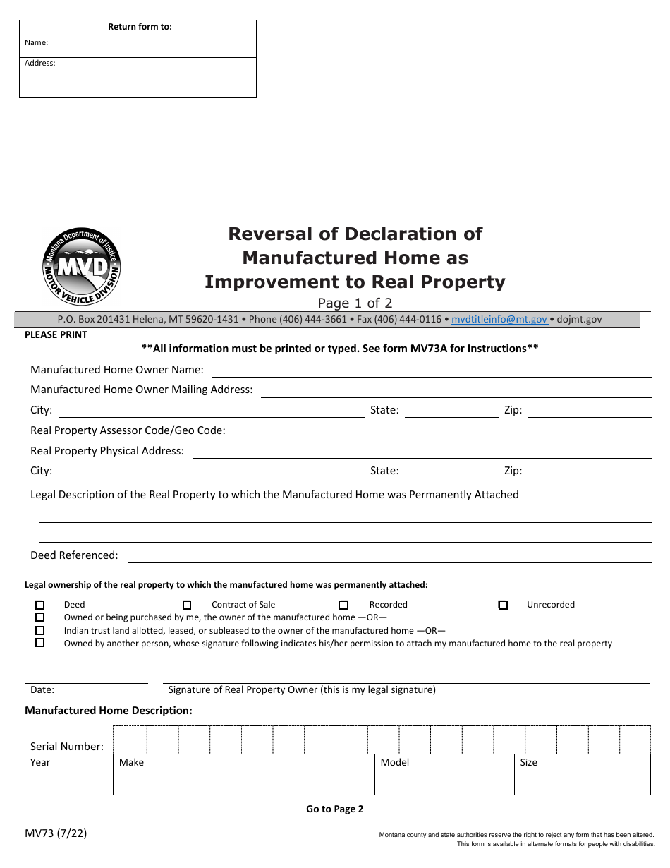 Form MV73 Reversal of Declaration of Manufactured Home as Improvement to Real Property - Montana, Page 1