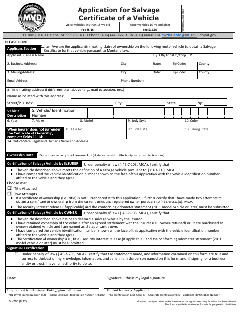 Form MV206 Application for Salvage Certificate of a Vehicle - Montana