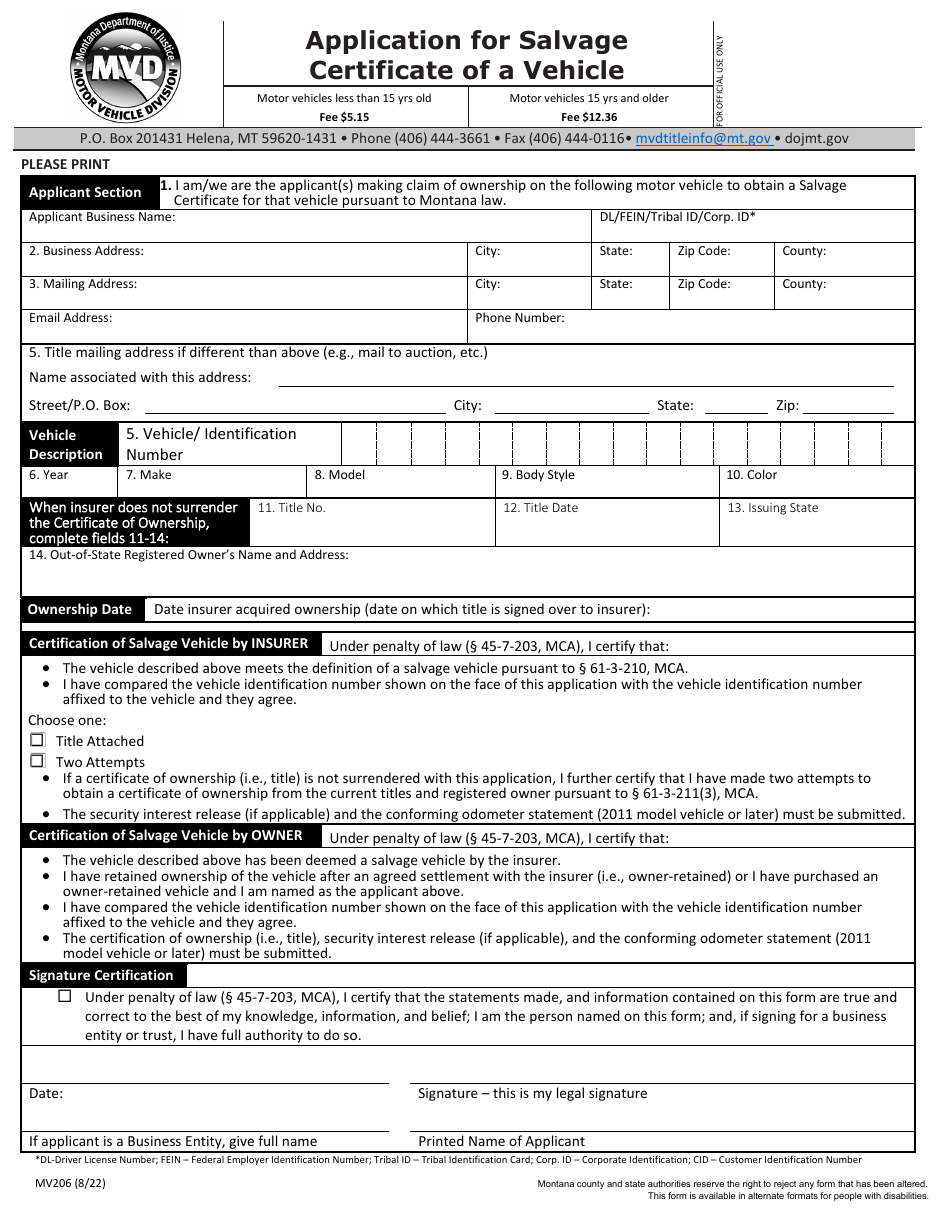 Form MV206 Application for Salvage Certificate of a Vehicle - Montana, Page 1
