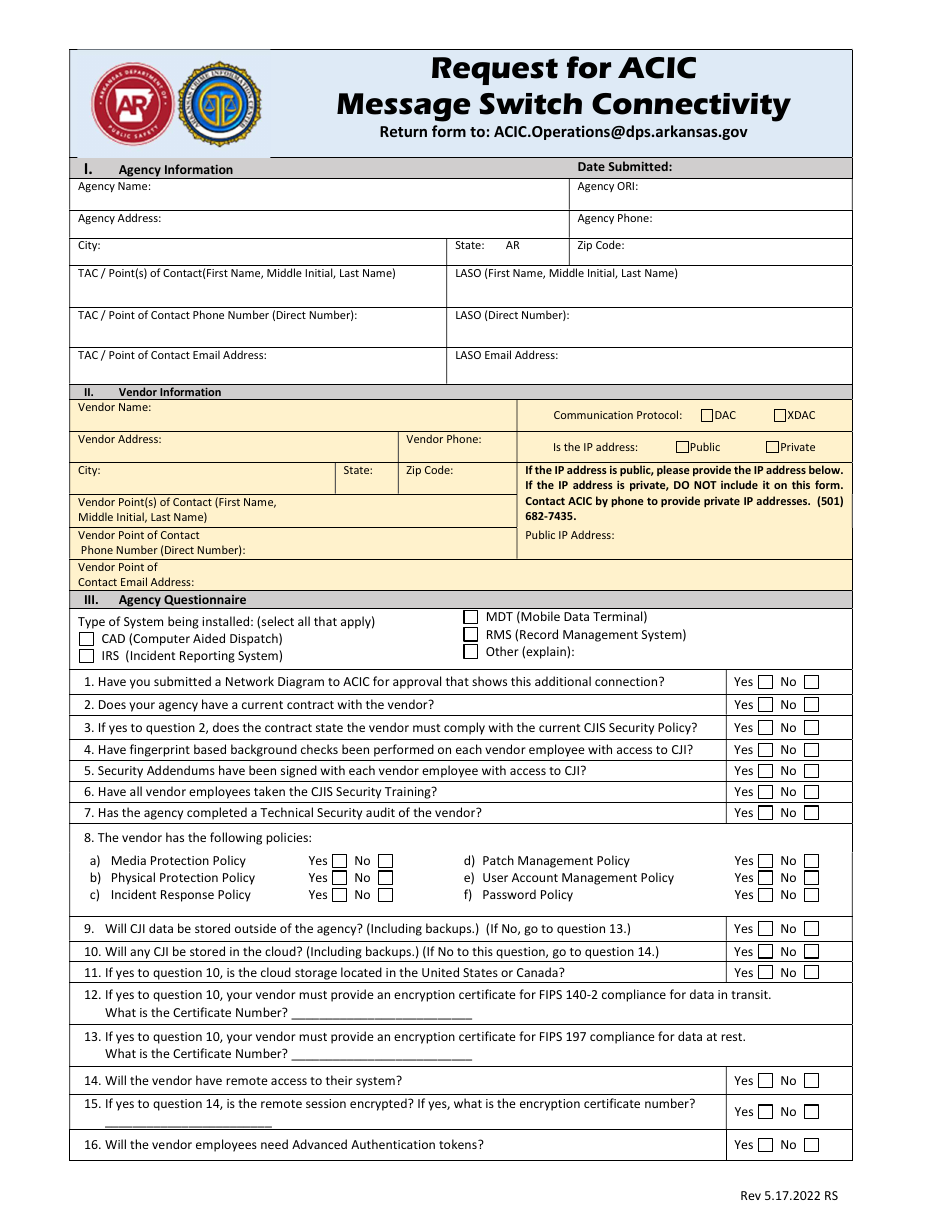 Request for Acic Message Switch Connectivity - Arkansas, Page 1