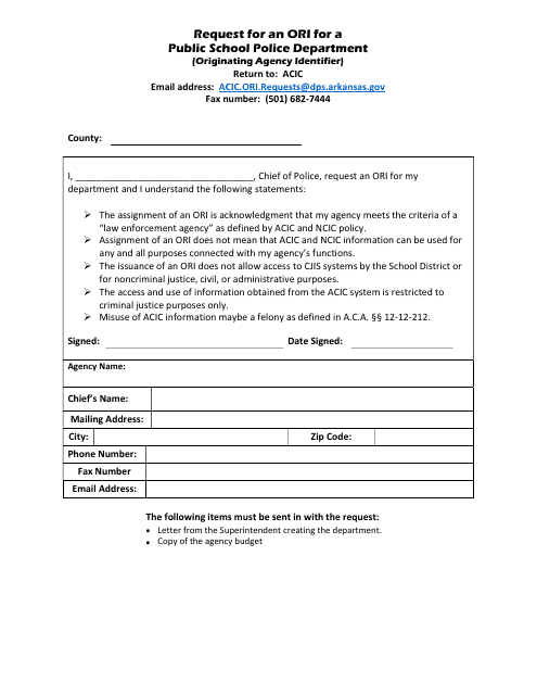 Request for an Ori for a Public School Police Department (Originating Agency Identifier) - Arkansas Download Pdf